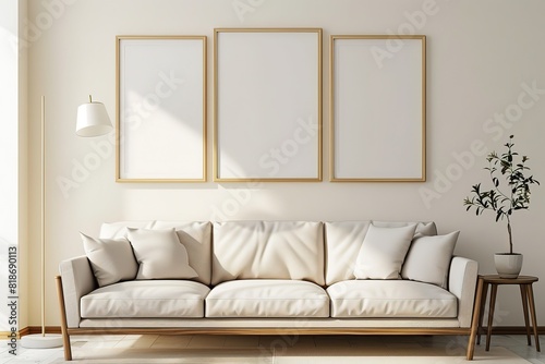 Frame mockup  ISO A paper size. Living room wall poster mockup. Interior mockup with house background. Modern interior design. 3D render