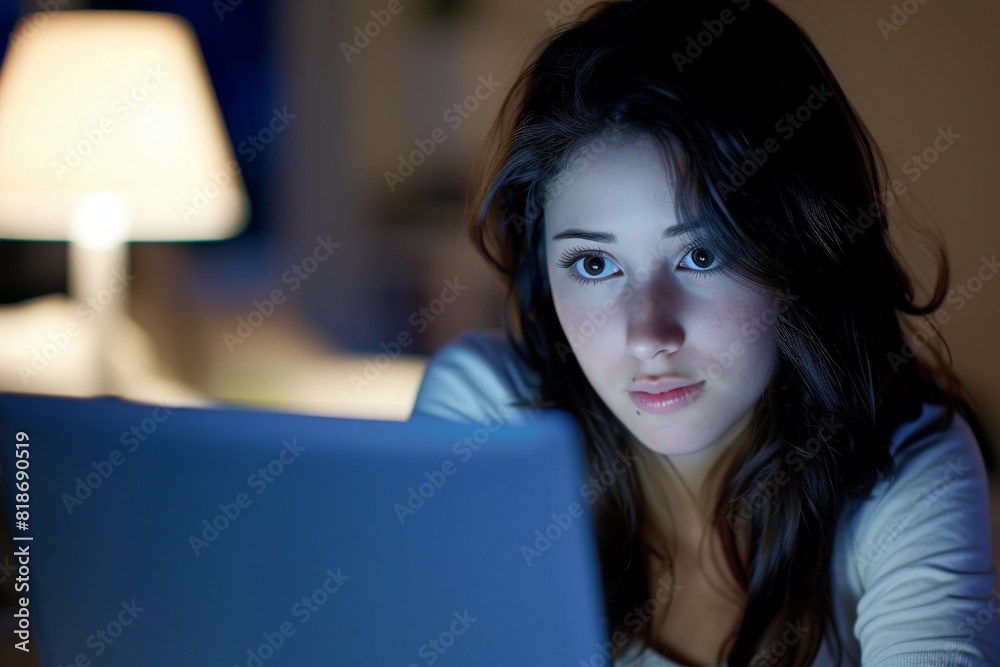 A focused young woman uses her laptop for internet banking late at night, illuminated by a warm desk lamp in a cozy, quiet room. A focused young woman uses her laptop for internet banking late at night, illuminated by a warm desk lamp in a cozy, quiet room.