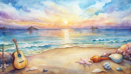 A picturesque watercolor scene depicting a beach at dawn, with acoustic guitars and a ukulele resting on the sand, surrounded by seashells and gentle waves.