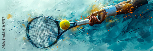 Human hand holding tennis rackets and hits ball, color splashes, illustration