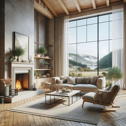 A living Room with a mockup poster empty white and with a fireplace and a couch art print design attractive.