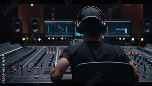 A man wearing headphones is sitting at a mixing console with his hands on the controls.
