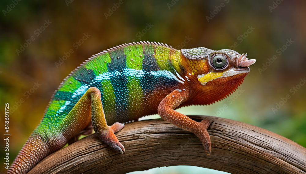 Fototapeta premium Colorful rainbow chameleon on a branch. Wildlife reptile wallpaper.