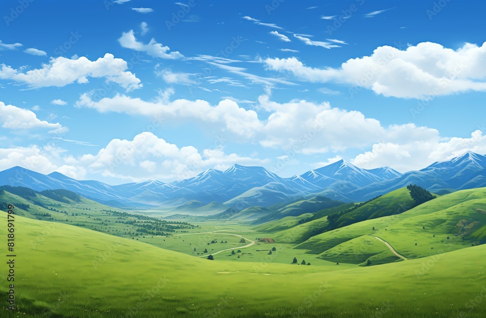 Green grassy hills with blue sky and mountains landscape background