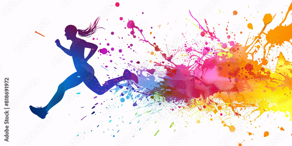 A woman running through a colorful splash of paint A woman running through a colorful splash of paint