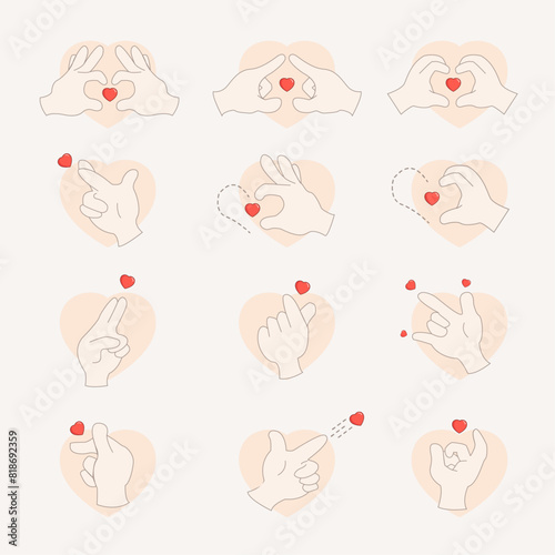 Hand Gestures Showing Love and Hearts, Cute Hand Heart Symbols Vector Illustration