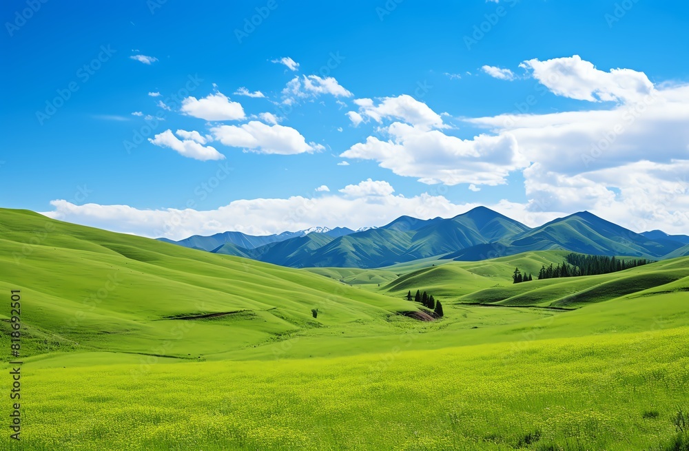 Green grassy hills with blue sky and mountains landscape background