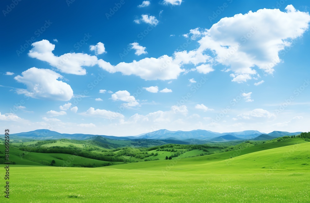 Green grassy hills with blue sky and mountains landscape background Green grassy hills with blue sky and mountains landscape background