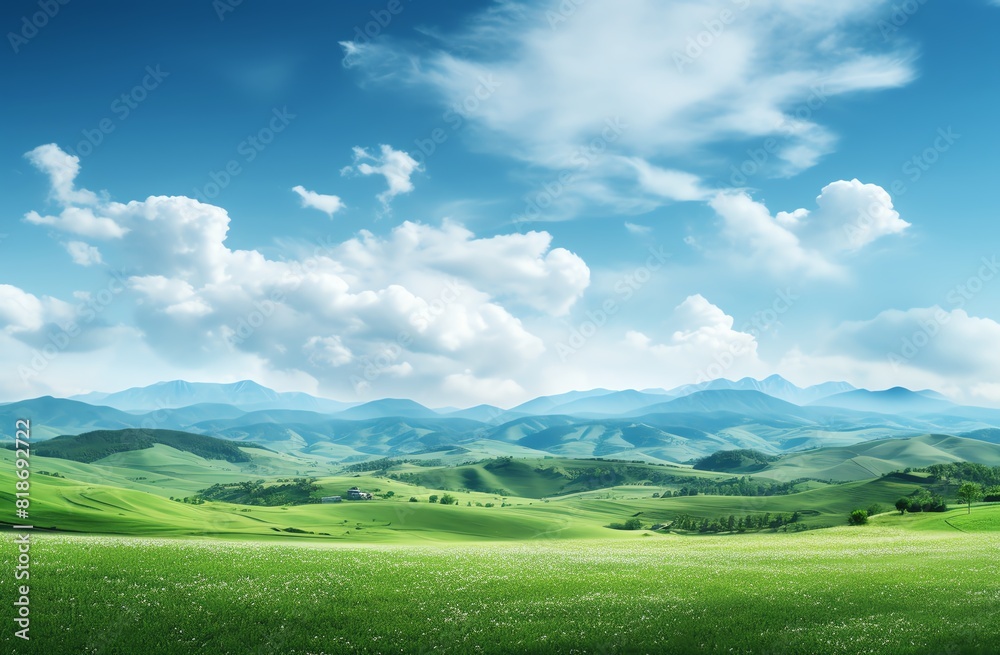 Green grassy hills with blue sky and mountains landscape background