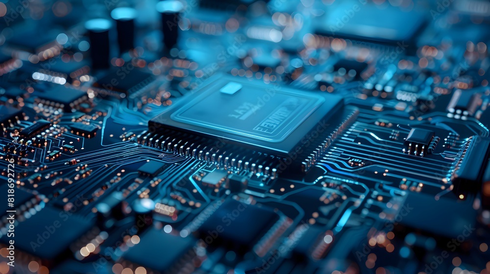 A close-up view of a computer motherboard featuring intricate circuits chips and components all illuminated by a blue light highlighting the complex technology and engineering A close-up view of a computer motherboard featuring intricate circuits chips and components all illuminated by a blue light highlighting the complex technology and engineering
