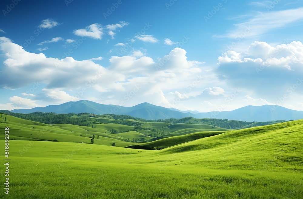 Fototapeta premium Green grassy hills with blue sky and mountains landscape background