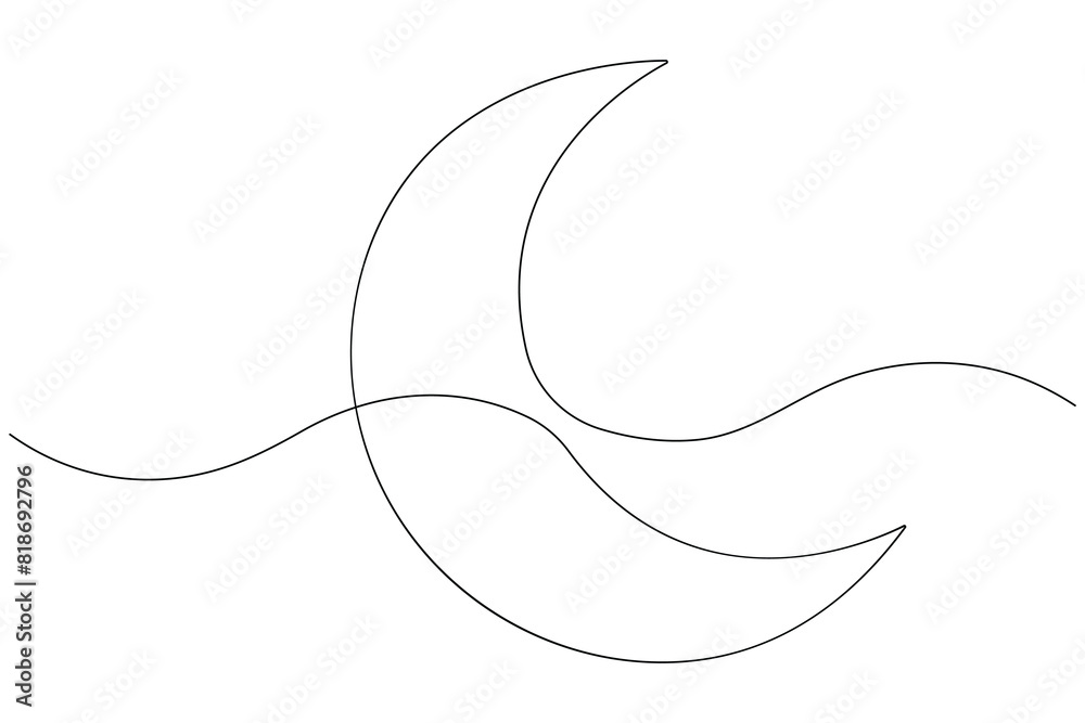 Fototapeta premium Moon symbol one continuous single line art drawing of Ramadan Kareem and Eid banner in simple outline vector