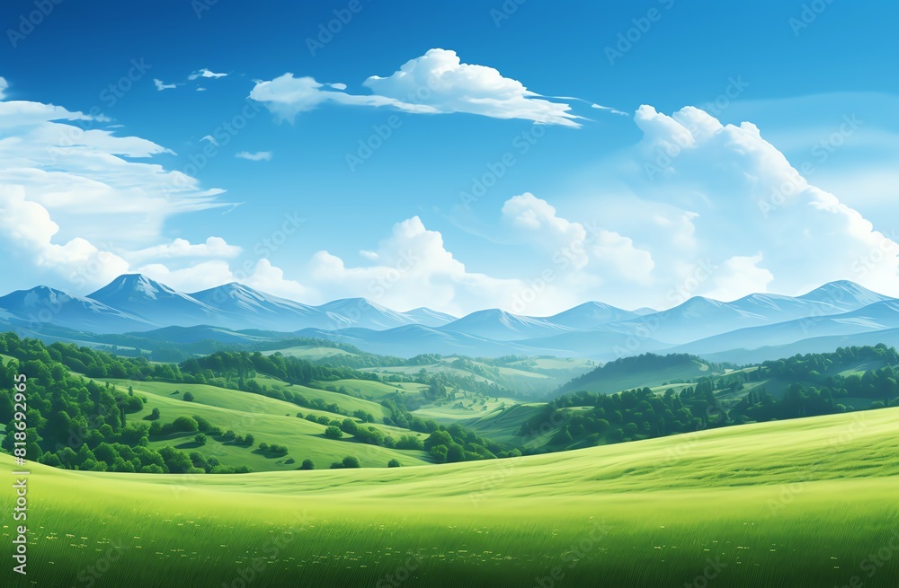 Green grassy hills with blue sky and mountains landscape background