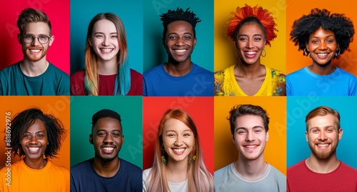 photo of various people smiling, each in their own square on the same background, with diverse skin tones and hair colors, in vibrant color blocks. 