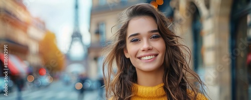 Olympic Paris sport Focus on a happy face woman smiling, looking at the camera and wearing makeup in the color of the France flag with Eiffel Tower background, on the left side free space, photography