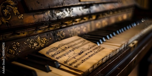 A close-up view of vintage piano with visible intricate floral patterns and scrollwork on its surface an a piece of sheet music rests on the music stand above the keys. photo