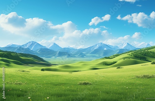 Green grassy hills with blue sky and mountains landscape background © Sunisa