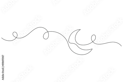 Moon symbol one continuous single line art drawing of Ramadan Kareem and Eid banner in simple outline vector