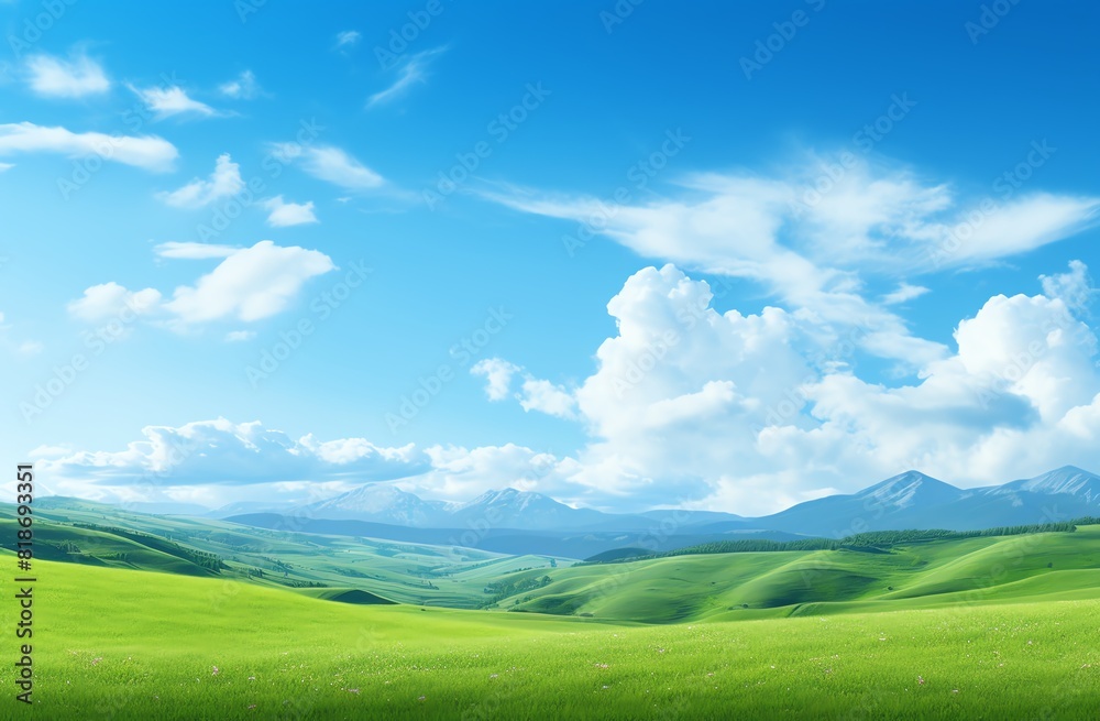 Green grassy hills with blue sky and mountains landscape background