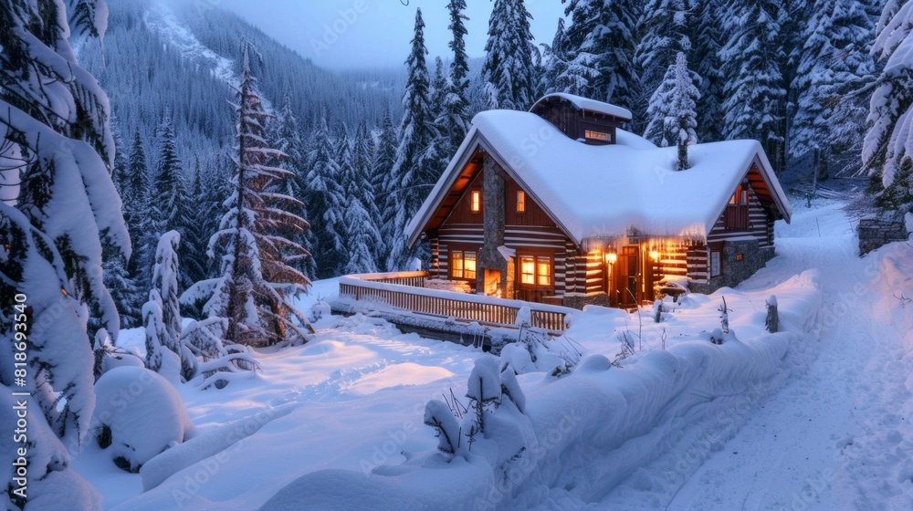 A cozy cabin in the mountains, surrounded by snow-covered trees and a roaring fireplace inside, providing a perfect retreat for a winter travel experience