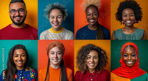 A collage of diverse portraits representing different ethnicities and ages, each person smiling against vibrant color backgrounds. The photos should be arranged in a grid pattern with the individuals