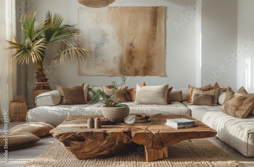 A living room with an oversized, light-colored wooden coffee table in the center. On top of the coffee table are placed some beige and white cushions. The wall behind features abstract art on canvas. 