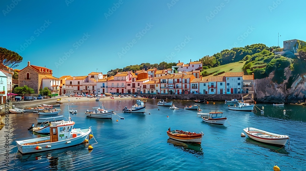 Quaint coastal village with beautiful fishing boats bobbing in the harbor under a clear blue sky.