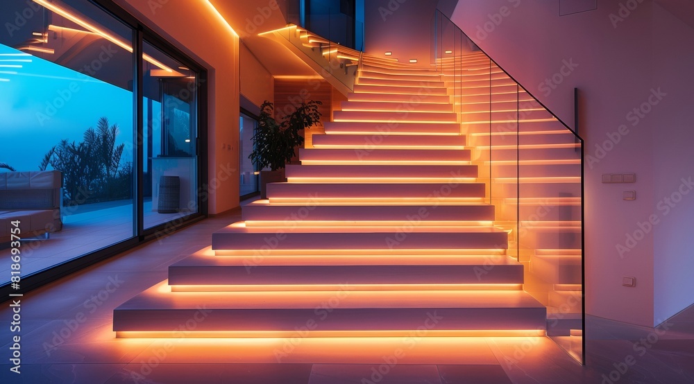 Staircase with LED lights in a modern home interior, showcasing an illuminated staircase and glass railings for aesthetic lighting design. The sleek stairs feature warm white LED strip lights Staircase with LED lights in a modern home interior, showcasing an illuminated staircase and glass railings for aesthetic lighting design. The sleek stairs feature warm white LED strip lights
