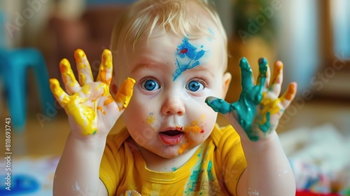 A beautiful baby is covered in paint