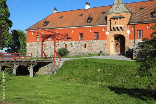 The 16th century Gripsholm castle with its drawbridge over the moat, located in the Swedish province of Sodermanland.