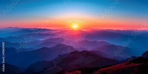 a scenic sunset, the sun near the horizon casts vibrant hues of orange, red, and blue across the sky, transitioning into darker shades of blue and purple