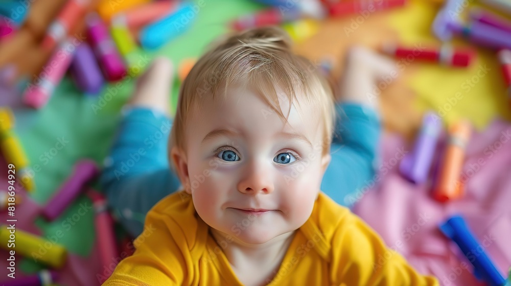Capture the joy of a baby's first discovery. Create an image that conveys the wonder and excitement of a baby exploring a world of color and possibility. Capture the joy of a baby's first discovery. Create an image that conveys the wonder and excitement of a baby exploring a world of color and possibility.