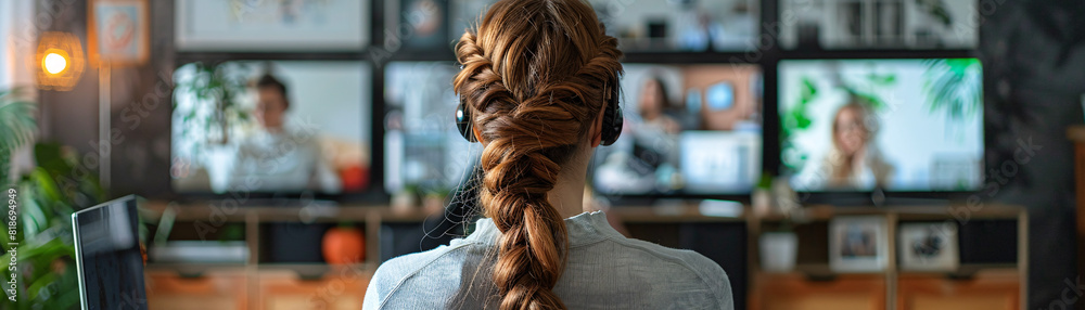 Against a backdrop of warm, muted tones, a female employee is captured from behind as she participates in a video conference with coworkers, highlighting the convenience and flexibility of remote Against a backdrop of warm, muted tones, a female employee is captured from behind as she participates in a video conference with coworkers, highlighting the convenience and flexibility of remote