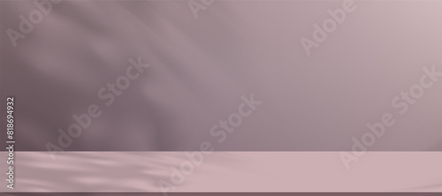 Background Purple Wall Studio with Shadow Leaves,Light on floor,Spring Backdrop Empty Room with Podium Display and Top Shelf Bar for Product,Template Banner for Autumn collection