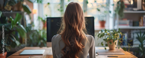 Against a backdrop of warm, muted tones, a female employee is captured from behind as she participates in a video conference with coworkers, highlighting the convenience and flexibility of remote