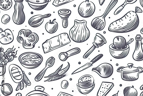 Kitchen doodle seamless pattern backround hand drawing cooking icon 