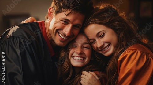 Drawing group of three friends embracing and smiling indoors, celebrating a special moment together with joy and happiness. photo