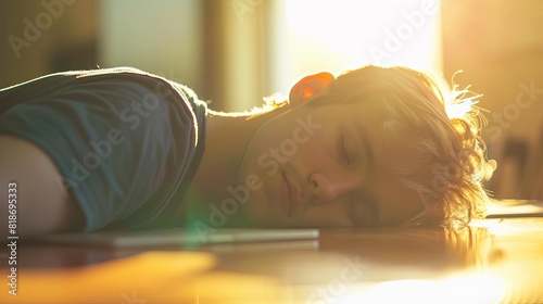 Young man sleeping with head resting on a desk, with warm sunlight streaming in from the background. Peaceful and serene atmosphere. photo