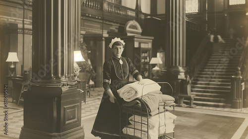 A vintage photograph of a chambermaid in a classic uniform, pushing a cart filled with linens through a grand hotel lobby