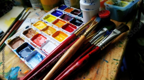 Art supplies scattered on a wooden table, including paintbrushes tubes of paint