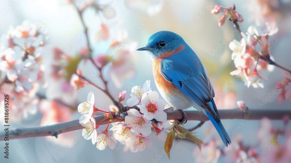 A charming bluebird perched on a blossoming branch, its vivid blue feathers and delicate features embodying the essence of spring.