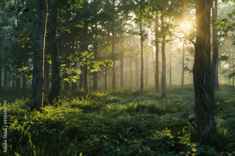 The sunlight that begins to penetrate into the forest in the morning. The dense forest is entered by a ray of sunlight that penetrates between the trees with the mist still visible there. 