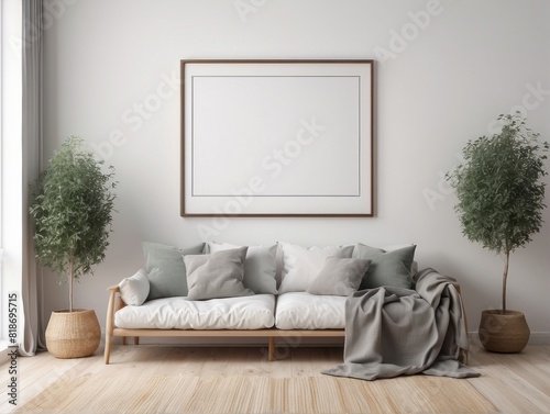 blank poster frame  cozy farmhouse living room interior  Off-White wall background