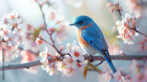 A charming bluebird perched on a blossoming branch, its vivid blue feathers and delicate features embodying the essence of spring. © Atif