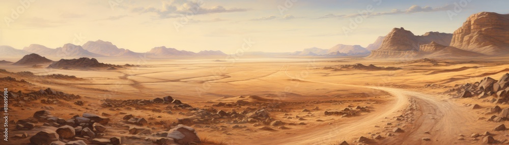 Naklejka premium a vast desert, its path marked only by the shifting sands and distant mirages