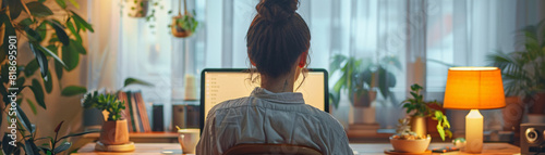 In a minimalistic home office environment  a female employee is seen conversing on a video call with colleagues  her back to the camera. Soft  cozy colors evoke a sense of comfort and tranquility 