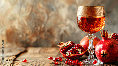 Sacramental goblet of wine and pomegranate on wooden background photo