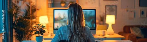 In a minimalistic home office environment, a female employee is seen conversing on a video call with colleagues, her back to the camera. Soft, cozy colors evoke a sense of comfort and tranquility, photo