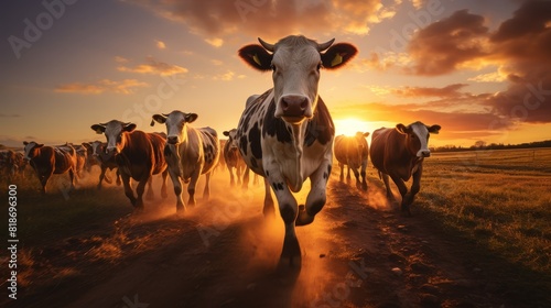 Herd of cows running towards the camera at sunset, with a beautiful golden sky and dust creating a dynamic rural scene. © Naphol