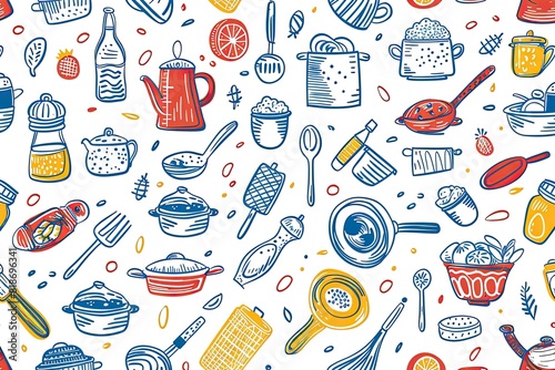 Kitchen doodle seamless pattern backround hand drawing cooking icon 